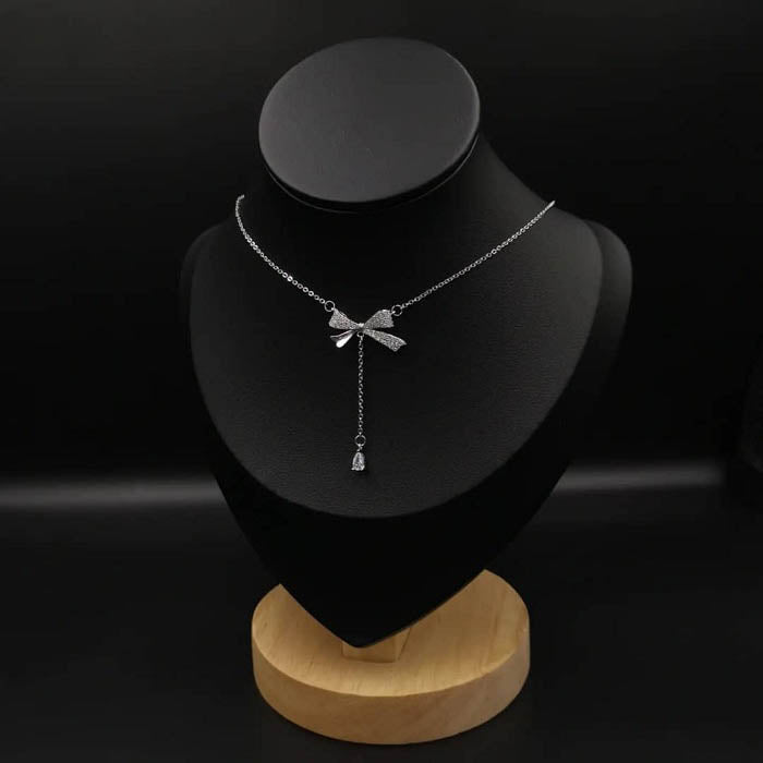 Bowk-not Shaped Pendant Necklace Silver Zircon Necklace