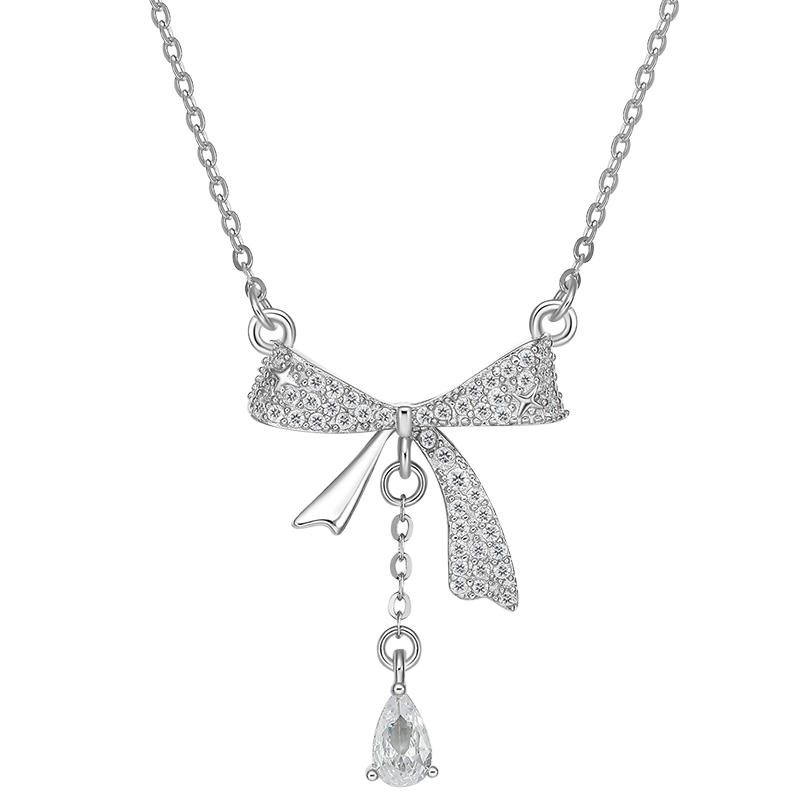 Bowk-not Shaped Pendant Necklace Silver Zircon Necklace