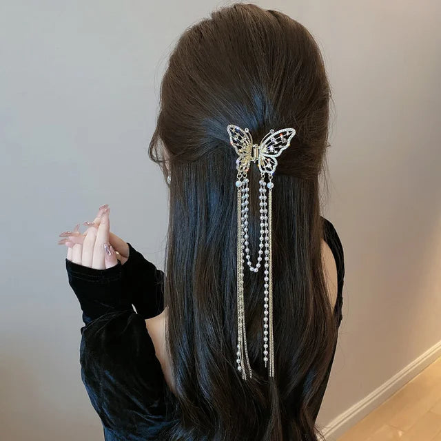 Tassel hair clip women's back head light luxury high-end horizontal clip temperament twist clip, butterfly tassel clip