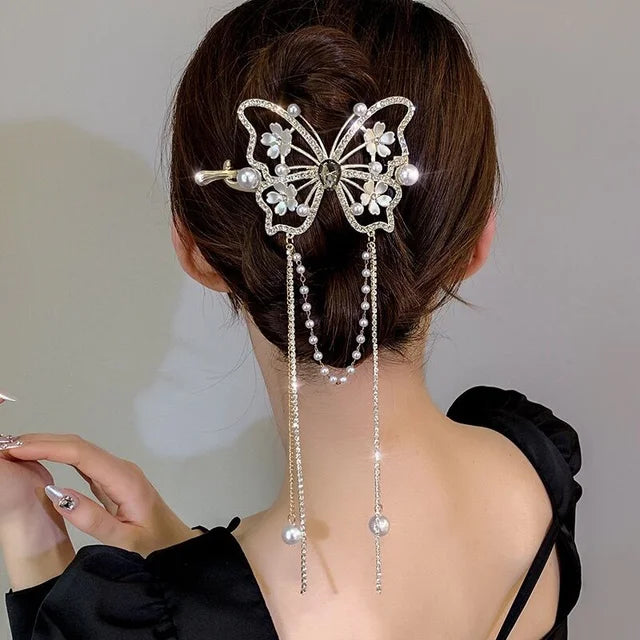 Tassel hair clip women's back head light luxury high-end horizontal clip temperament twist clip, butterfly tassel clip