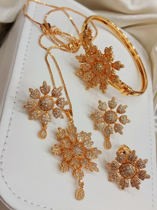 Elegant Zircon Flower Locket Set with Kara Bracelet & Earrings